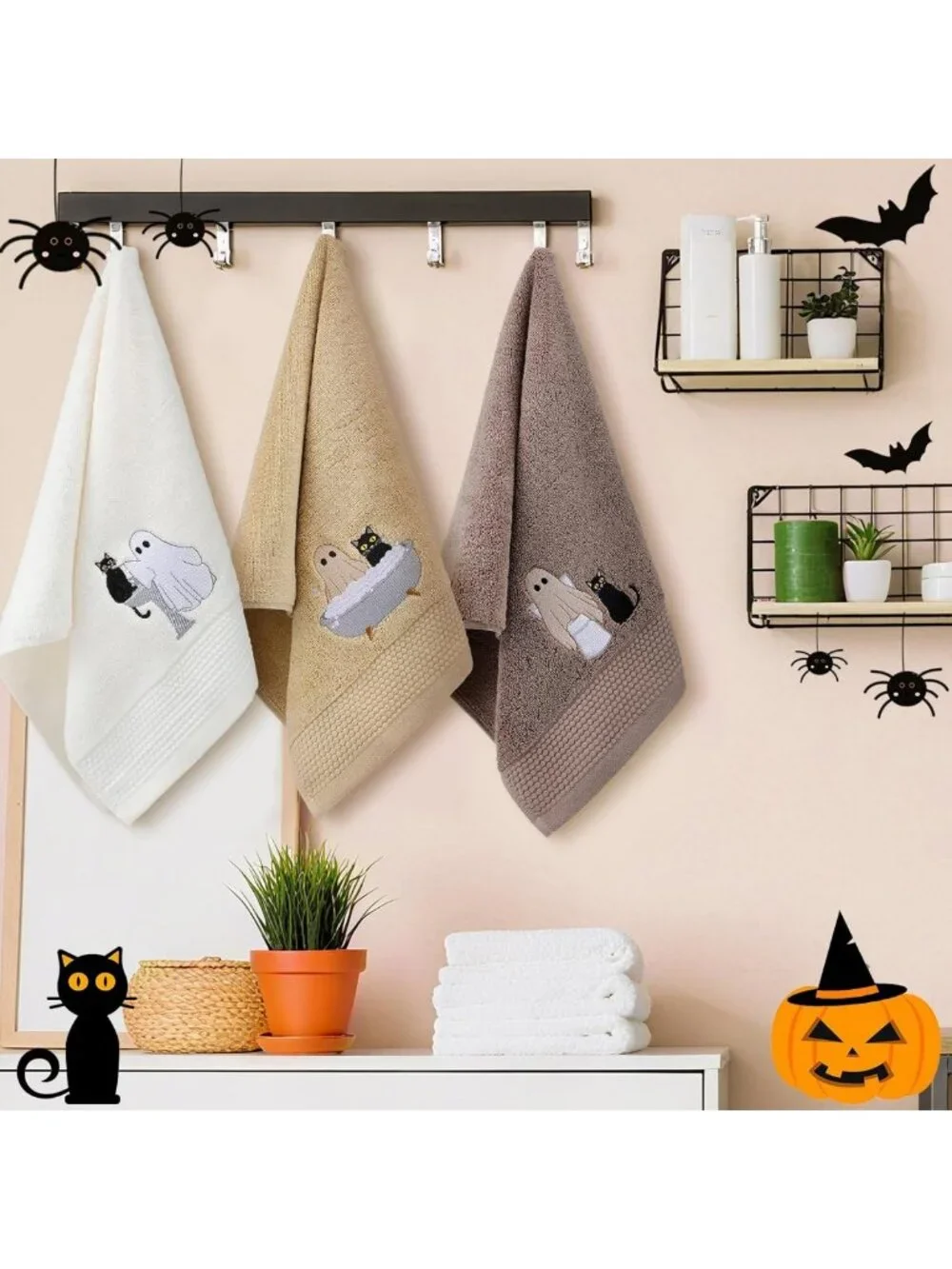 Set of 3 Brown Halloween Ghost Cat Hand Towels for Festive Bathroom Decor